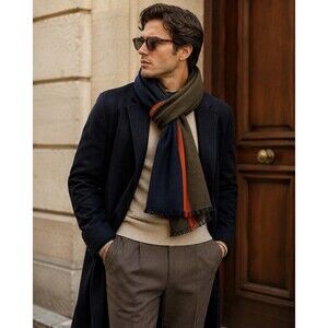 Massimo Dutti Wool Scarf Navy Olive Orange Color Block Fringe Unisex